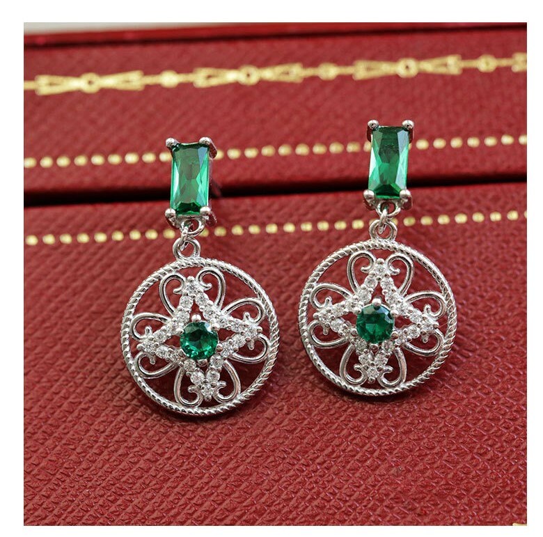 925 Silver Vintage Emerald CZ Drop & Dangle Earrings, Emerald CZ Gold Round Drop Earrings, Dainty Gold Drop Earrings, Christmas Gift, GE06