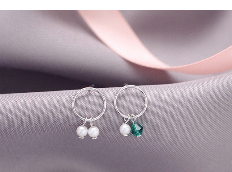 Asymmetrical emerald CZ and shell pearl earrings, Emerald Crystal Mismatched Earrings, Dainty Sterling Silver Earrings, Gifts for her, GE07