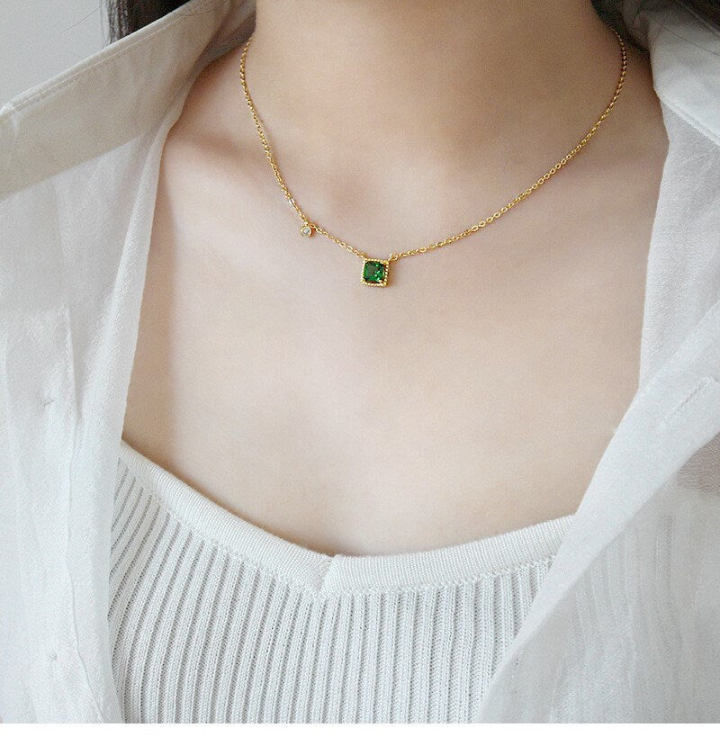 18k Gold Vermeil Square Emerald Necklace, Emerald with Little CZ Necklace, Dainty Emerald Necklace, Gift for her, Anniversary gift GN57