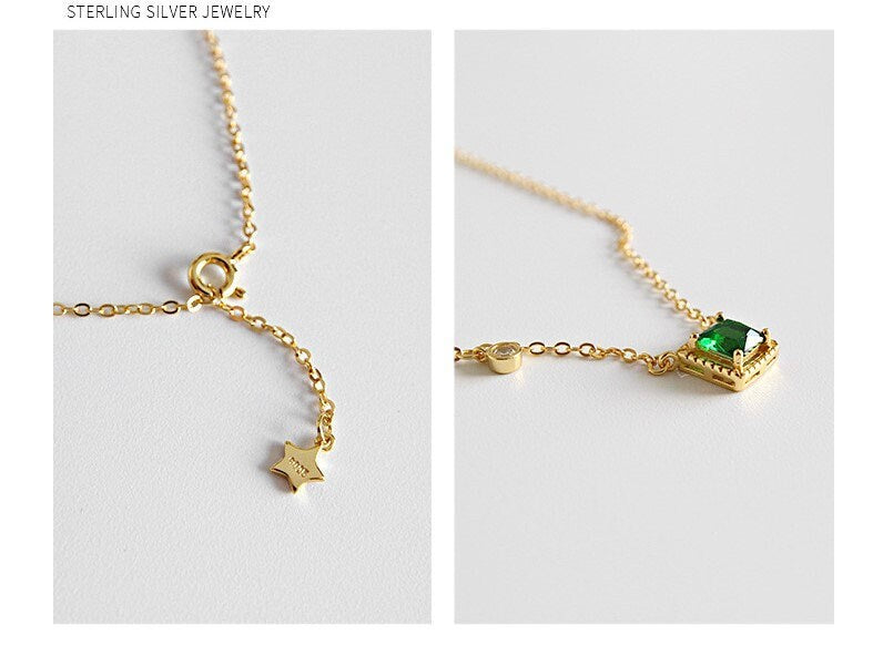 18k Gold Vermeil Square Emerald Necklace, Emerald with Little CZ Necklace, Dainty Emerald Necklace, Gift for her, Anniversary gift GN57