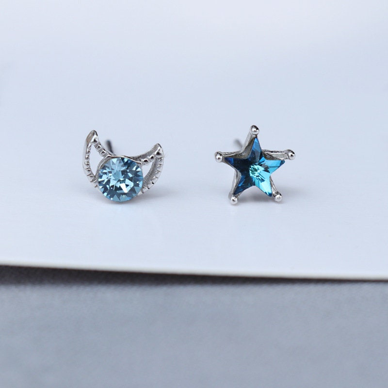 Blue Star & Moon Asymmetrical Earrings, Small Blue CZ Studs, Mismatched celestial earrings, Sterling silver star earrings, moon earrings