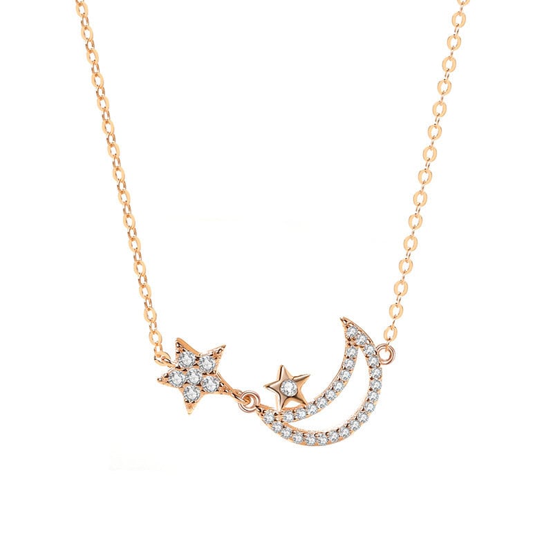 14k Rose Gold Vermeil Star & Crescent Moon Necklace, Sterling Silver Celestial Necklace, Dainty Moon Boat Necklace, Gifts for her