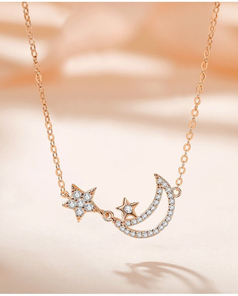 14k Rose Gold Vermeil Star & Crescent Moon Necklace, Sterling Silver Celestial Necklace, Dainty Moon Boat Necklace, Gifts for her