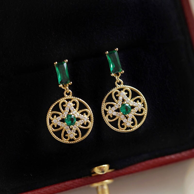 925 Silver Vintage Emerald CZ Drop & Dangle Earrings, Emerald CZ Gold Round Drop Earrings, Dainty Gold Drop Earrings, Christmas Gift, GE06