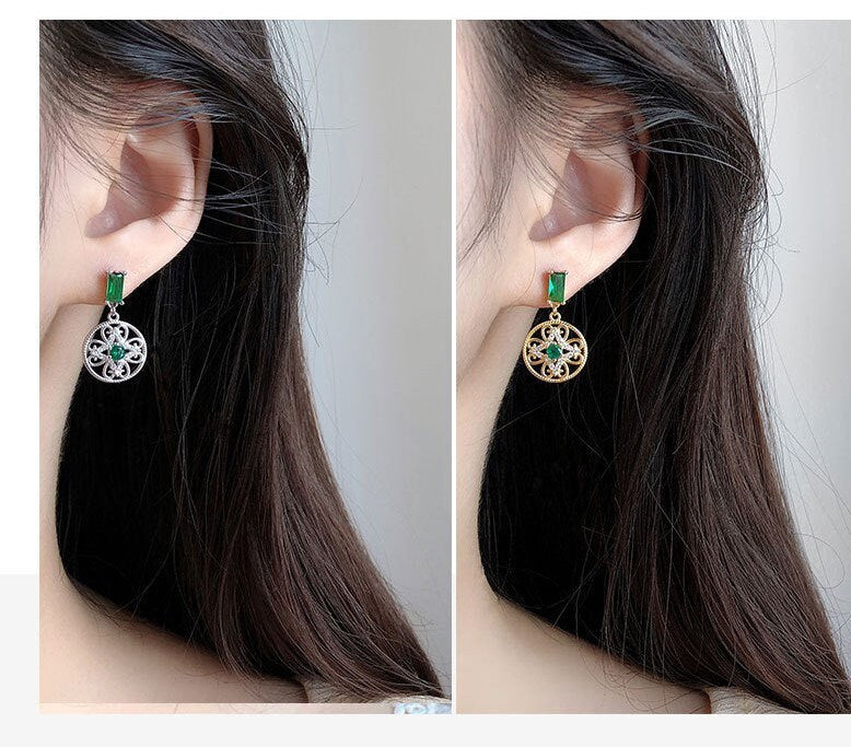 925 Silver Vintage Emerald CZ Drop & Dangle Earrings, Emerald CZ Gold Round Drop Earrings, Dainty Gold Drop Earrings, Christmas Gift, GE06