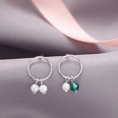 Asymmetrical emerald CZ and shell pearl earrings, Emerald Crystal Mismatched Earrings, Dainty Sterling Silver Earrings, Gifts for her, GE07