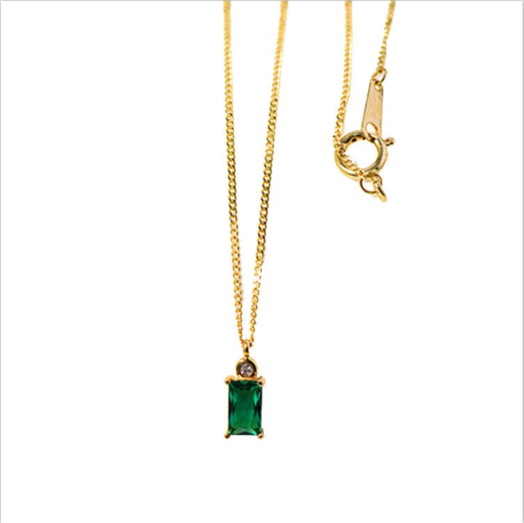 Dainty Baguette Emerald CZ Necklace, 18k Gold Vermeil Emerald Necklace, little CZ top on Emerald pendant, Classic Emerald necklace, N52