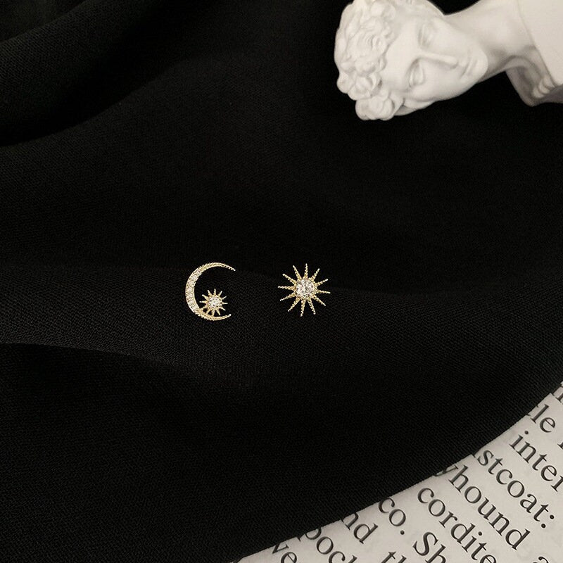 Dainty Gold Sun & Moon Earrings, Mismatch Celestial Earrings, Asymmetrical Celestial Earrings, Perfect Gift for Her, Christmas Gift