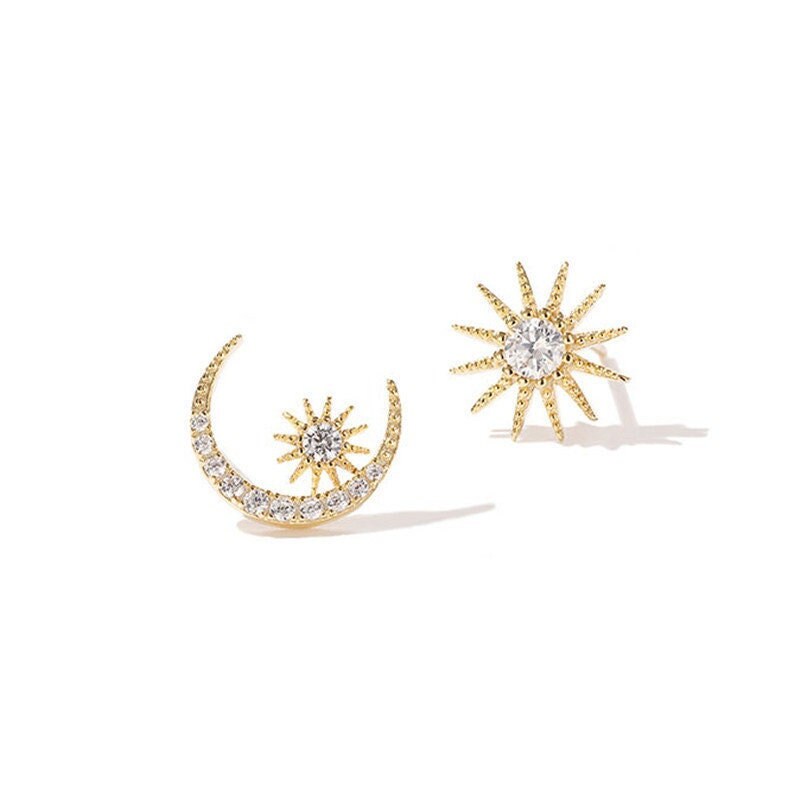 Dainty Gold Sun & Moon Earrings, Mismatch Celestial Earrings, Asymmetrical Celestial Earrings, Perfect Gift for Her, Christmas Gift