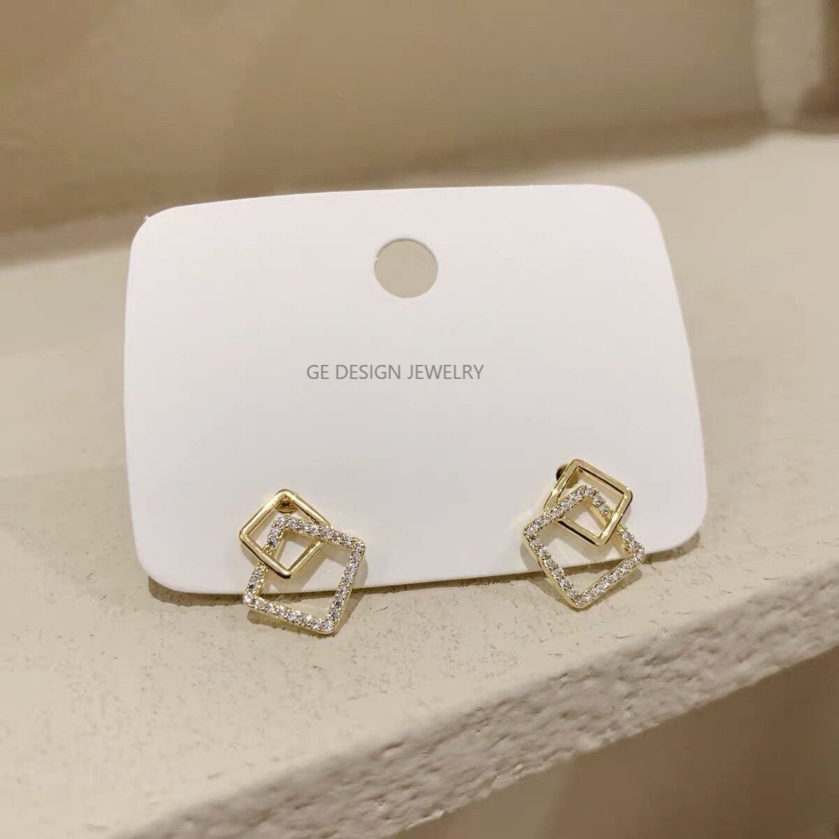 Dainty Gold Geometry Earrings, Sparkly CZ Square Earrings, Minimalist Earrings for Everyday, Perfect Gift for Her