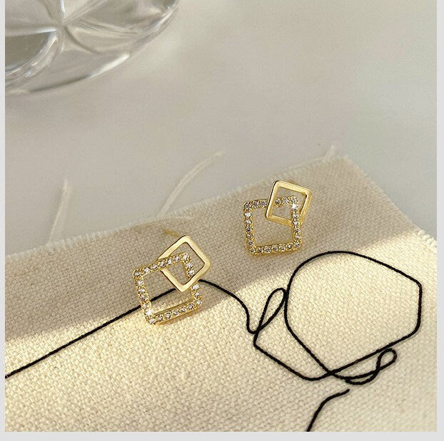 Dainty Gold Geometry Earrings, Sparkly CZ Square Earrings, Minimalist Earrings for Everyday, Perfect Gift for Her