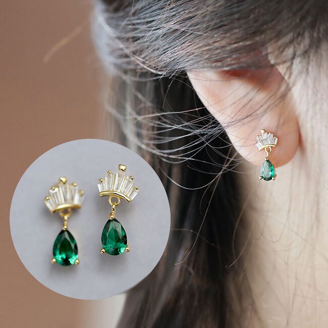 14k Gold Vermeil Crown Design Emerald Water Drop Earrings, Dainty 925 Silver Emerald Drop Earrings, Minimalist Earrings, Gift for Her, GE77