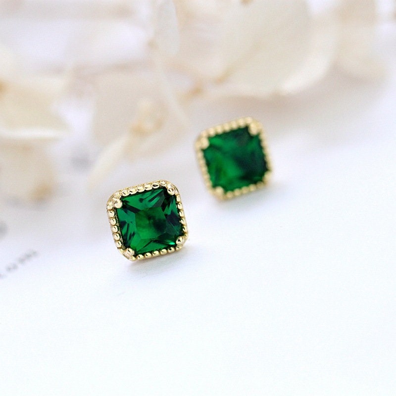 Dainty Square Emerald Earrings, 14k Gold Vermeil Emerald Studs, Sterling Silver Classic Emerald Earrings, Gifts for Her, GE03