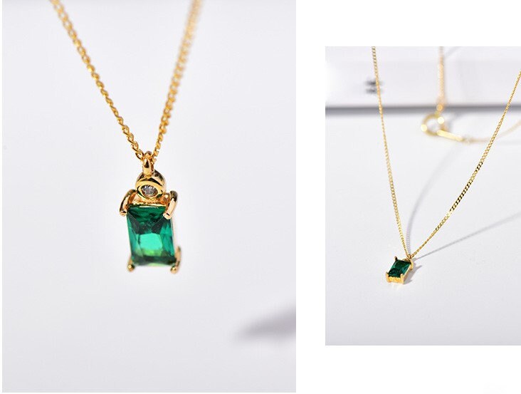 Dainty Baguette Emerald CZ Necklace, 18k Gold Vermeil Emerald Necklace, little CZ top on Emerald pendant, Classic Emerald necklace, N52