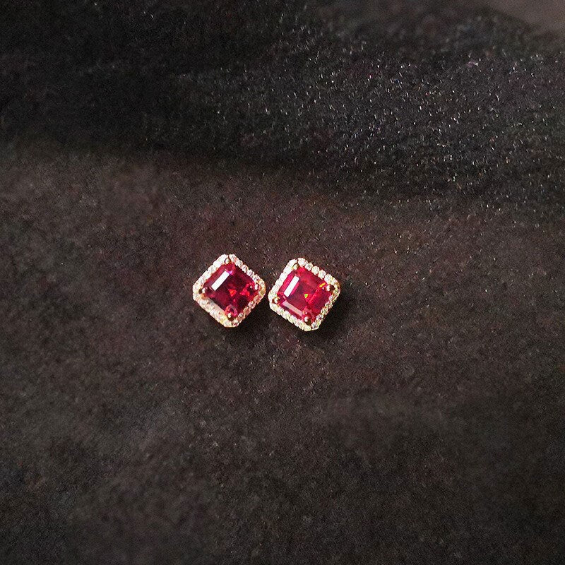 Sterling Silver Square Ruby CZ Earrings, Dainty Gold Ruby Earrings, 14k Gold over 925 Silver Ruby Studs, July birthstone Earrings, GE79