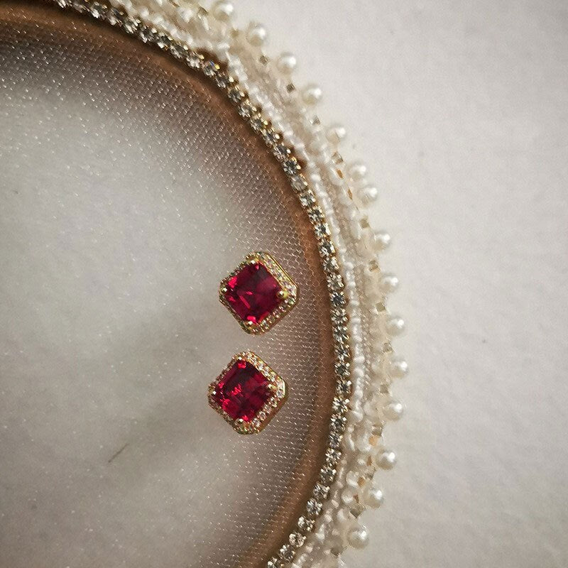 Sterling Silver Square Ruby CZ Earrings, Dainty Gold Ruby Earrings, 14k Gold over 925 Silver Ruby Studs, July birthstone Earrings, GE79