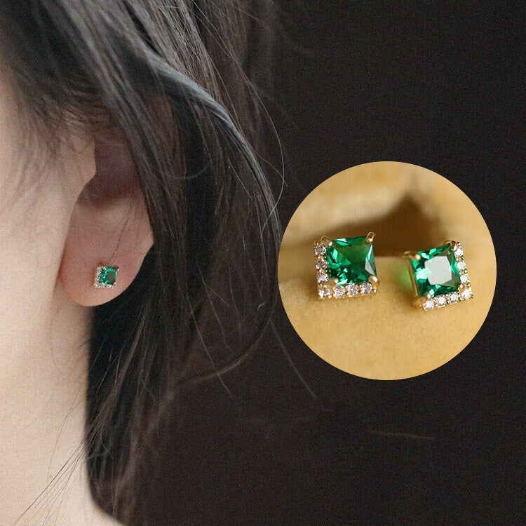 Dainty V-Shape Emerald Earrings, Gold Small Emerald Stud Earrings, Minimalist Green CZ Earrings, Helix Earring, Perfect Gifts for Her, GE82