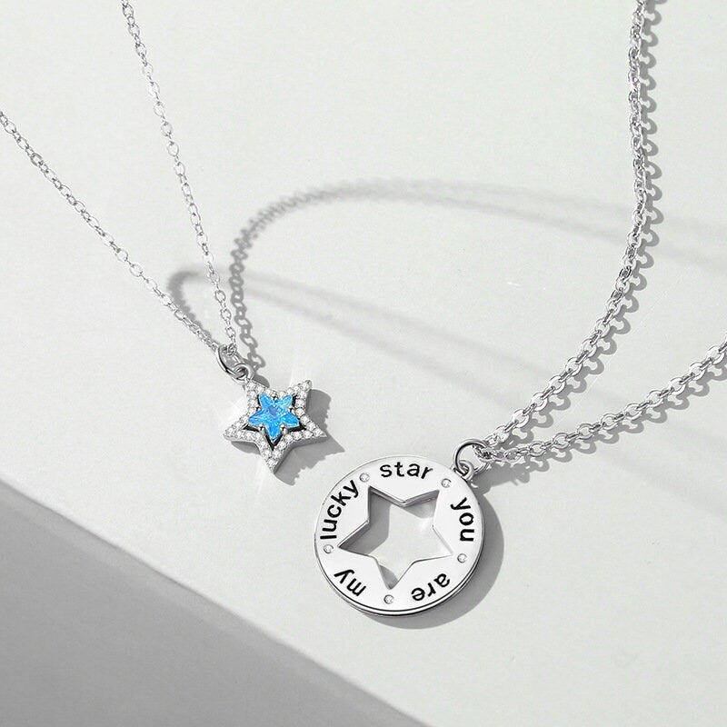 Mom Daughter Necklace, 925 Silver Engraved Couple Necklace, Lucky Star Couple Necklace, Meaningful Necklace, Perfect Gifts for Her/him