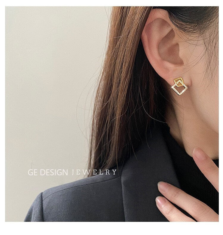 Dainty Gold Geometry Earrings, Sparkly CZ Square Earrings, Minimalist Earrings for Everyday, Perfect Gift for Her