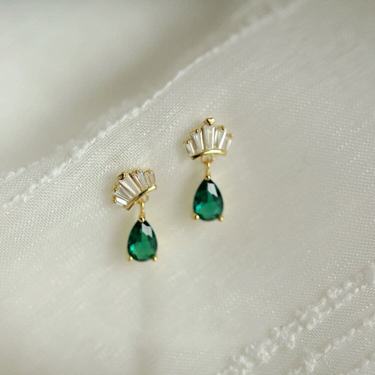 14k Gold Vermeil Crown Design Emerald Water Drop Earrings, Dainty 925 Silver Emerald Drop Earrings, Minimalist Earrings, Gift for Her, GE77