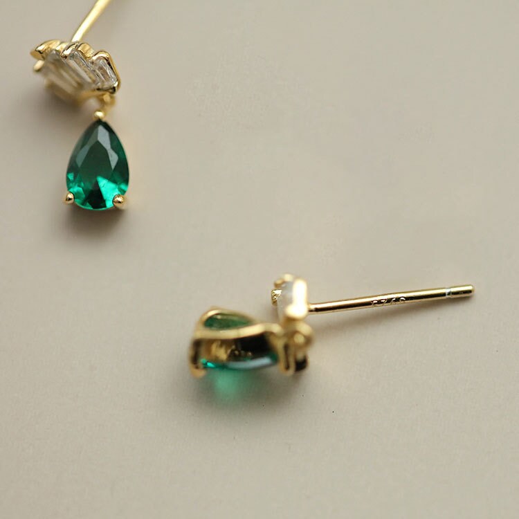 14k Gold Vermeil Crown Design Emerald Water Drop Earrings, Dainty 925 Silver Emerald Drop Earrings, Minimalist Earrings, Gift for Her, GE77