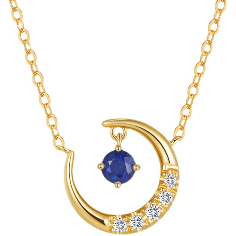 Dainty Crescent Moon Hanging with Tiny Blue CZ Necklace, 14k Gold Vermeil Moon Paving with Blue CZ Necklace Gift for Her Christmas Gift GN44