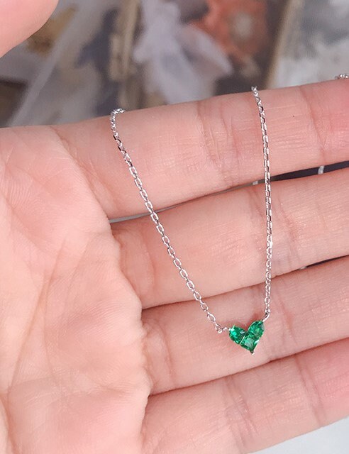 Dainty Emerald Heart Necklace, 14k White Gold Vermeil Emerald Green Necklace, Emerald Silver Choker, Three Green CZ join to Heart Shape GN03