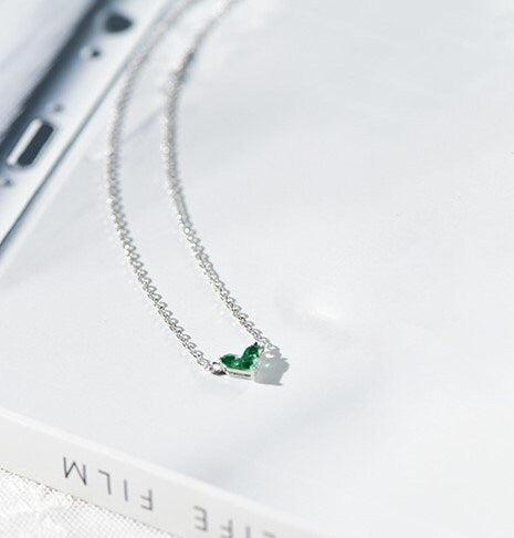 Dainty Emerald Heart Necklace, 14k White Gold Vermeil Emerald Green Necklace, Emerald Silver Choker, Three Green CZ join to Heart Shape GN03