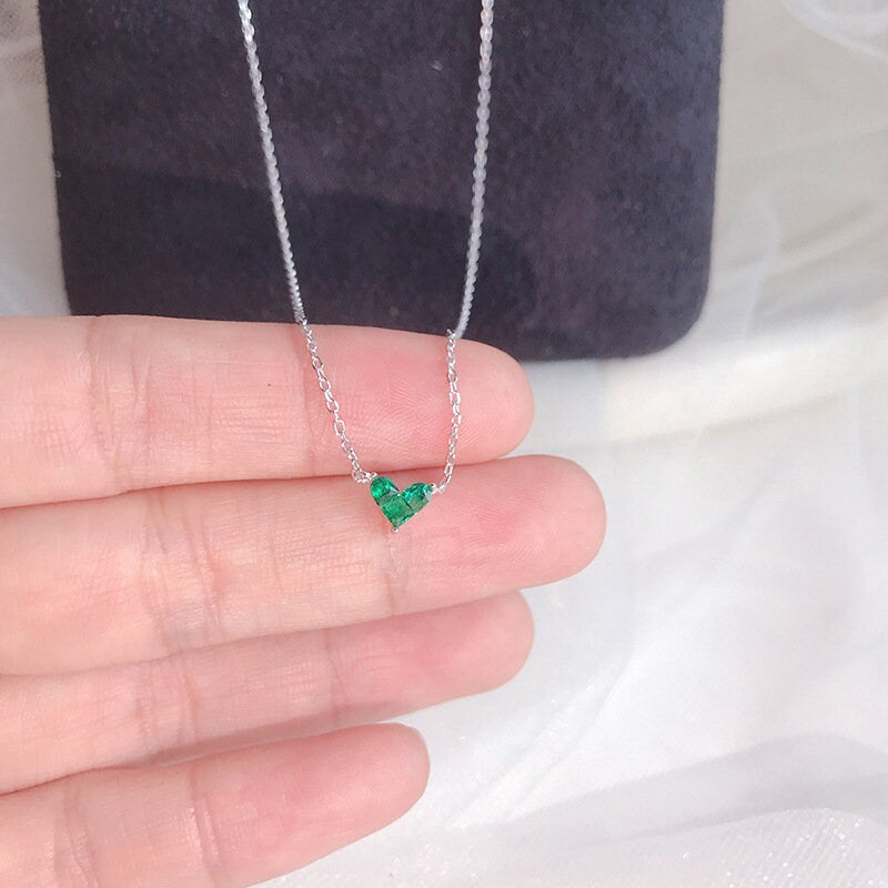 Dainty Emerald Heart Necklace, 14k White Gold Vermeil Emerald Green Necklace, Emerald Silver Choker, Three Green CZ join to Heart Shape GN03