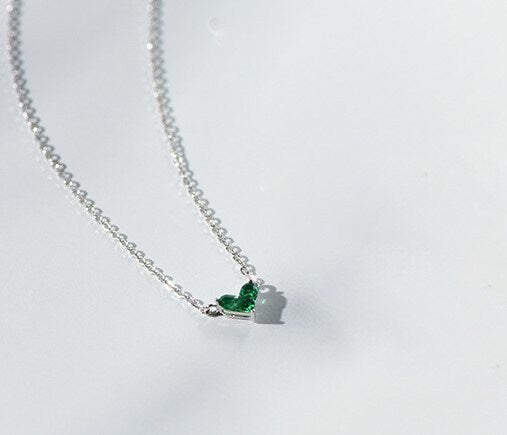 Dainty Emerald Heart Necklace, 14k White Gold Vermeil Emerald Green Necklace, Emerald Silver Choker, Three Green CZ join to Heart Shape GN03