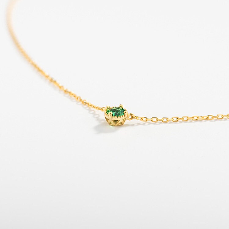 18K Gold Vermeil Round Cut Emerald CZ Necklace, Dainty Rose Gold Emerald Necklace, Tiny Emerald Green CZ Necklace, Minimalist, Gifts for her