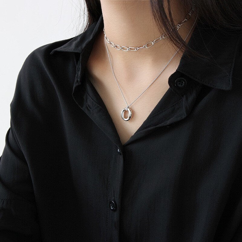 Dainty 925 Silver Abstract Circle Necklace, Olivia-shaped Necklace, Circle Geometry Necklace, Stackable/Layered Necklace, Christmas Gift