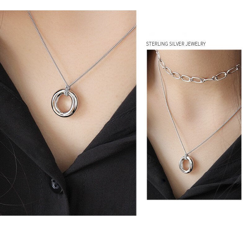 Dainty 925 Silver Abstract Circle Necklace, Olivia-shaped Necklace, Circle Geometry Necklace, Stackable/Layered Necklace, Christmas Gift