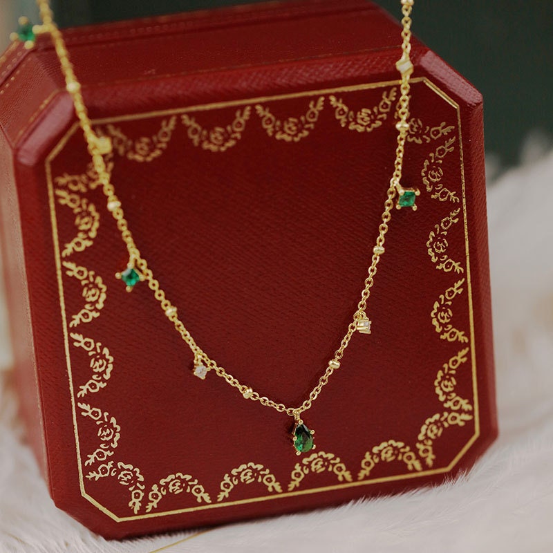 Dainty Emerald CZ Droplet Necklace, Gold Vermeil Waterdrop Emerald Necklace, Little Square Emerald with Tiny CZ Station Necklace