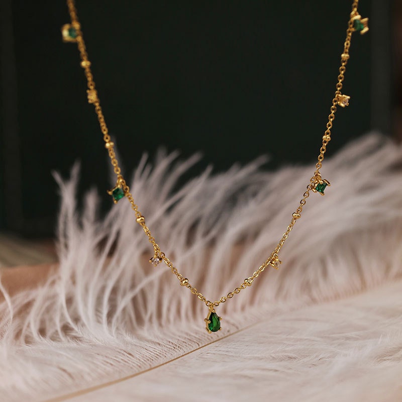 Dainty Emerald CZ Droplet Necklace, Gold Vermeil Waterdrop Emerald Necklace, Little Square Emerald with Tiny CZ Station Necklace