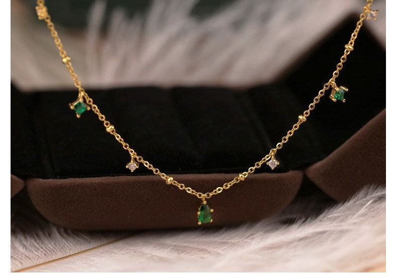 Dainty Emerald CZ Droplet Necklace, Gold Vermeil Waterdrop Emerald Necklace, Little Square Emerald with Tiny CZ Station Necklace