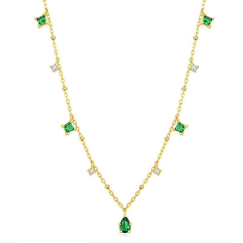 Dainty Emerald CZ Droplet Necklace, Gold Vermeil Waterdrop Emerald Necklace, Little Square Emerald with Tiny CZ Station Necklace