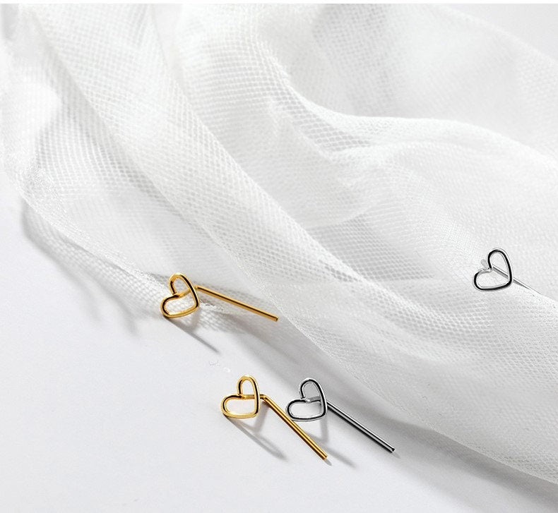 925 Silver Stick Heart Earring, Gold Heart Shape Earrings, Hollow Love Earrings, Silver or Gold, Gifts for Her, Birthday Gift, GE20