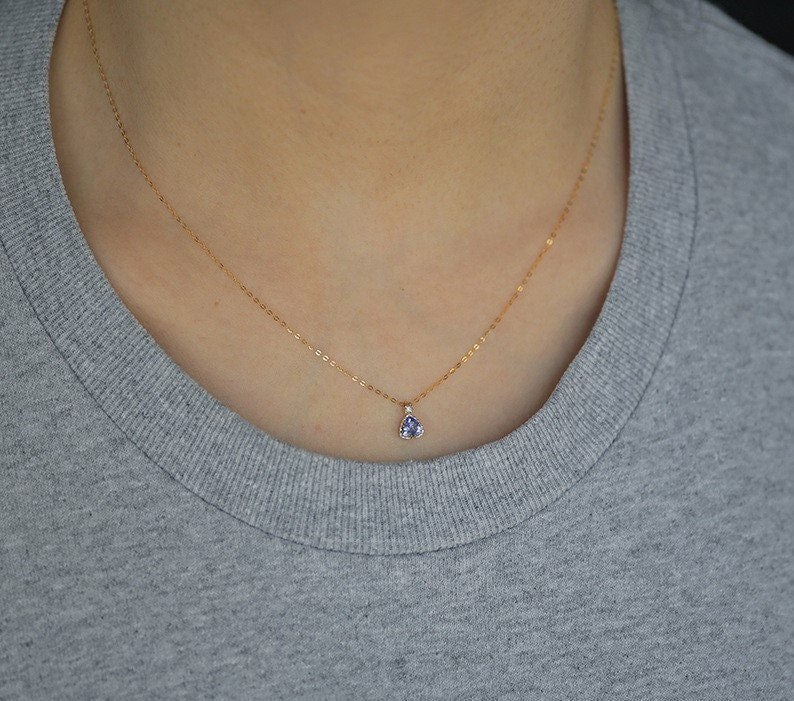 Dainty Triangle Sapphire Blue CZ Necklace, Gold Simulated Sapphire CZ Necklace, Blue Necklace, Christmas Gift, Gifts for her