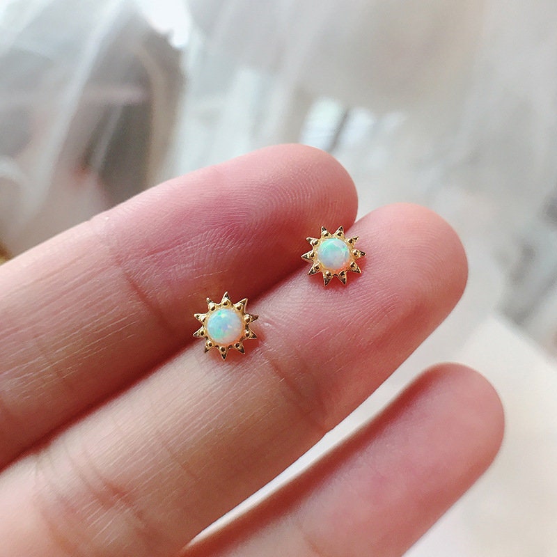 18k Gold Vermeil Opal Sunburst Earrings, Small Dainty Simulated Opal Gold Sun Earrings, Minimalist Opal Studs, Matched Necklace Available