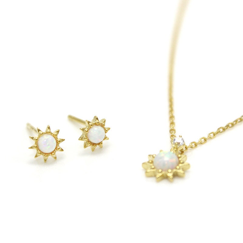 18k Gold Vermeil Opal Sunburst Earrings, Small Dainty Simulated Opal Gold Sun Earrings, Minimalist Opal Studs, Matched Necklace Available