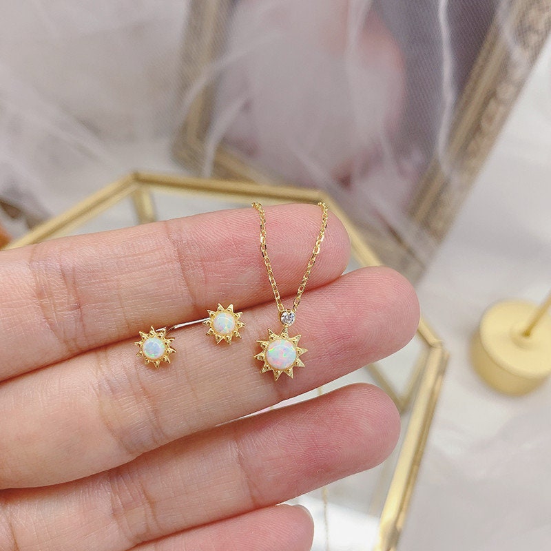 18k Gold Vermeil Opal Sunburst Earrings, Small Dainty Simulated Opal Gold Sun Earrings, Minimalist Opal Studs, Matched Necklace Available