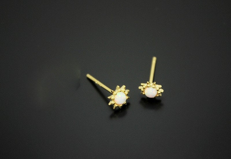 18k Gold Vermeil Opal Sunburst Earrings, Small Dainty Simulated Opal Gold Sun Earrings, Minimalist Opal Studs, Matched Necklace Available