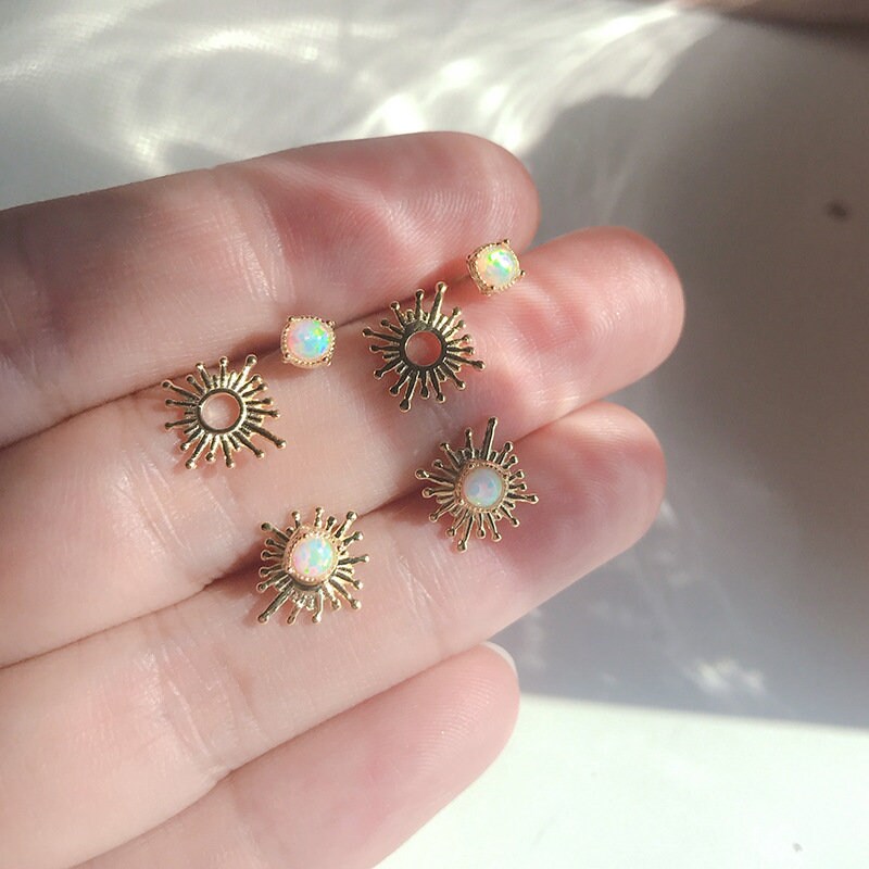 14k Gold Vermeil Opal Sunburst Stud Earrings, Simulated Small Opal Studs, Earrings Can be Separate into 2 Styles, Tragus/Helix Earrings GE87