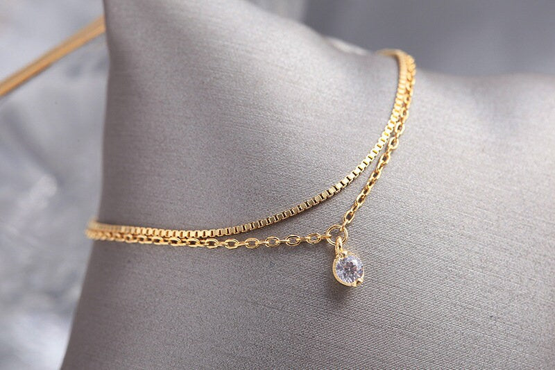 14k Gold Vermeil Double Chain Necklace, Little CZ Charm Necklace, Minimalist Layered Necklace, Dainty Gold Choker, Gifts for Her