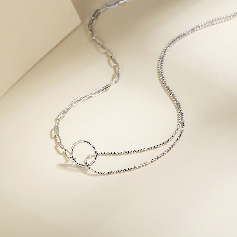 Sterling Silver Stackable Circle Necklace, Asymmetrical Chain Necklace, Layered Necklace, Double Ball-String Silver Choker Necklace, N12