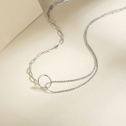 Sterling Silver Stackable Circle Necklace, Asymmetrical Chain Necklace, Layered Necklace, Double Ball-String Silver Choker Necklace, N12