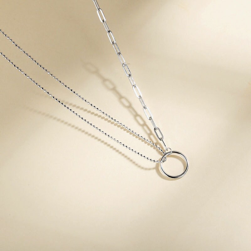 Sterling Silver Stackable Circle Necklace, Asymmetrical Chain Necklace, Layered Necklace, Double Ball-String Silver Choker Necklace, N12