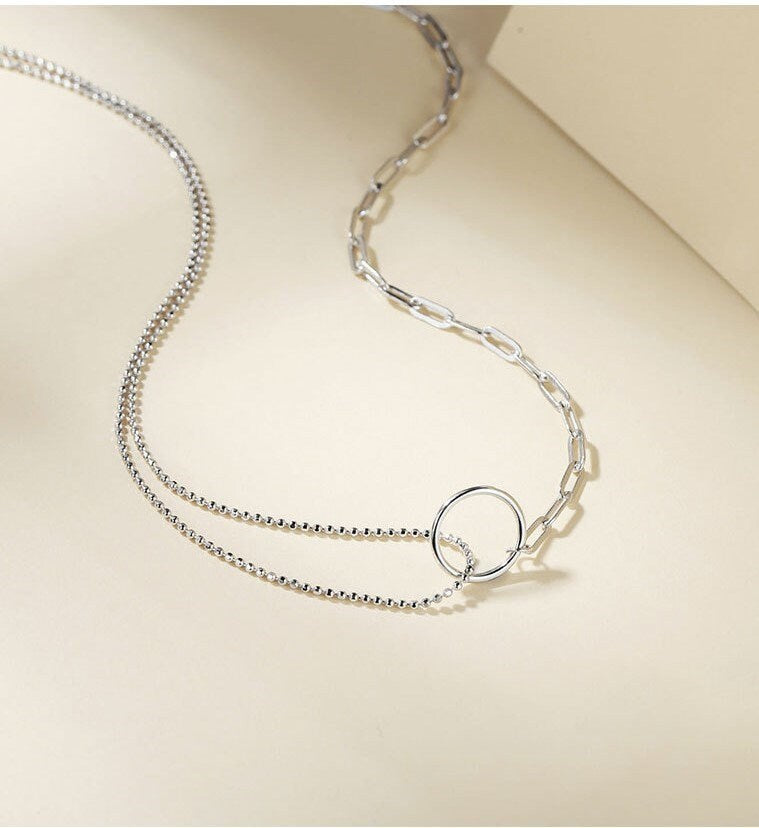 Sterling Silver Stackable Circle Necklace, Asymmetrical Chain Necklace, Layered Necklace, Double Ball-String Silver Choker Necklace, N12