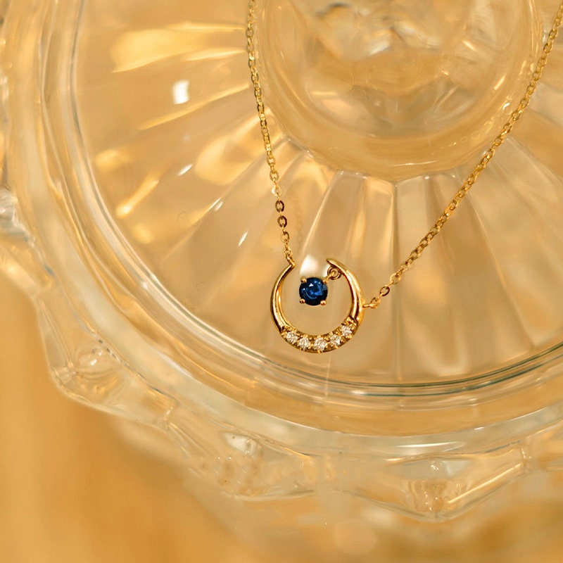 Dainty Crescent Moon Hanging with Tiny Blue CZ Necklace, 14k Gold Vermeil Moon Paving with Blue CZ Necklace Gift for Her Christmas Gift GN44